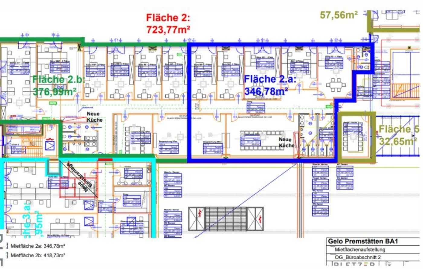 Grundriss des Obergeschosses mit mehreren Bürobereichen und eingezeichneten neuen Küchen.