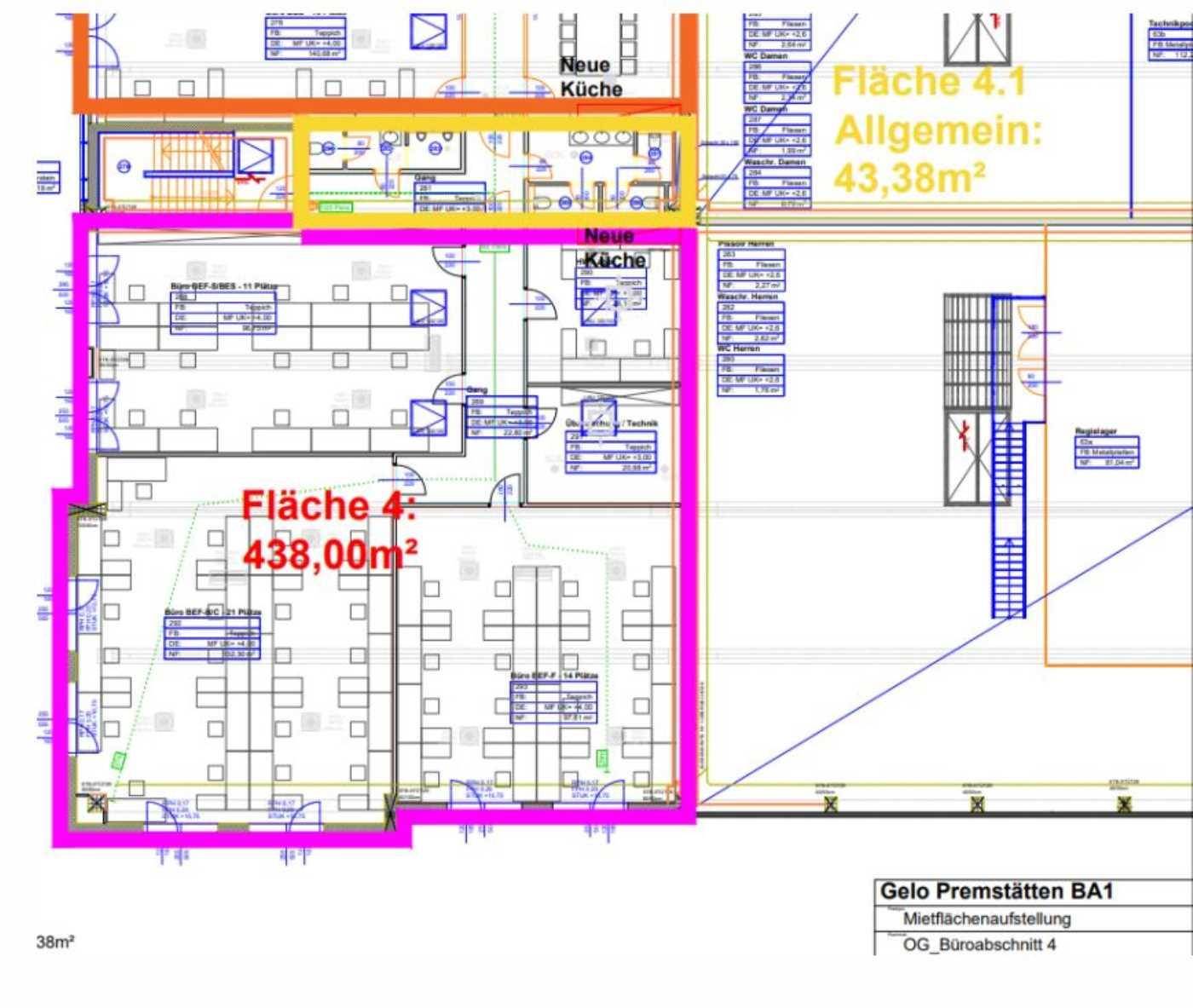 Grundriss eines weiteren Obergeschosses mit Büroräumen und der Position der neuen Küchen.