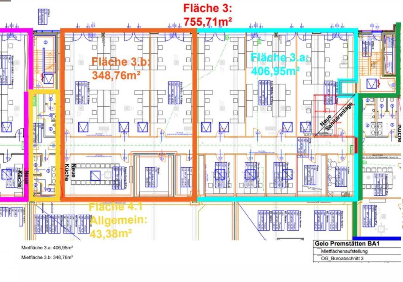Detaillierter Grundriss eines Obergeschosses mit Büros, neuen Küchen und Sanitäranlagen.