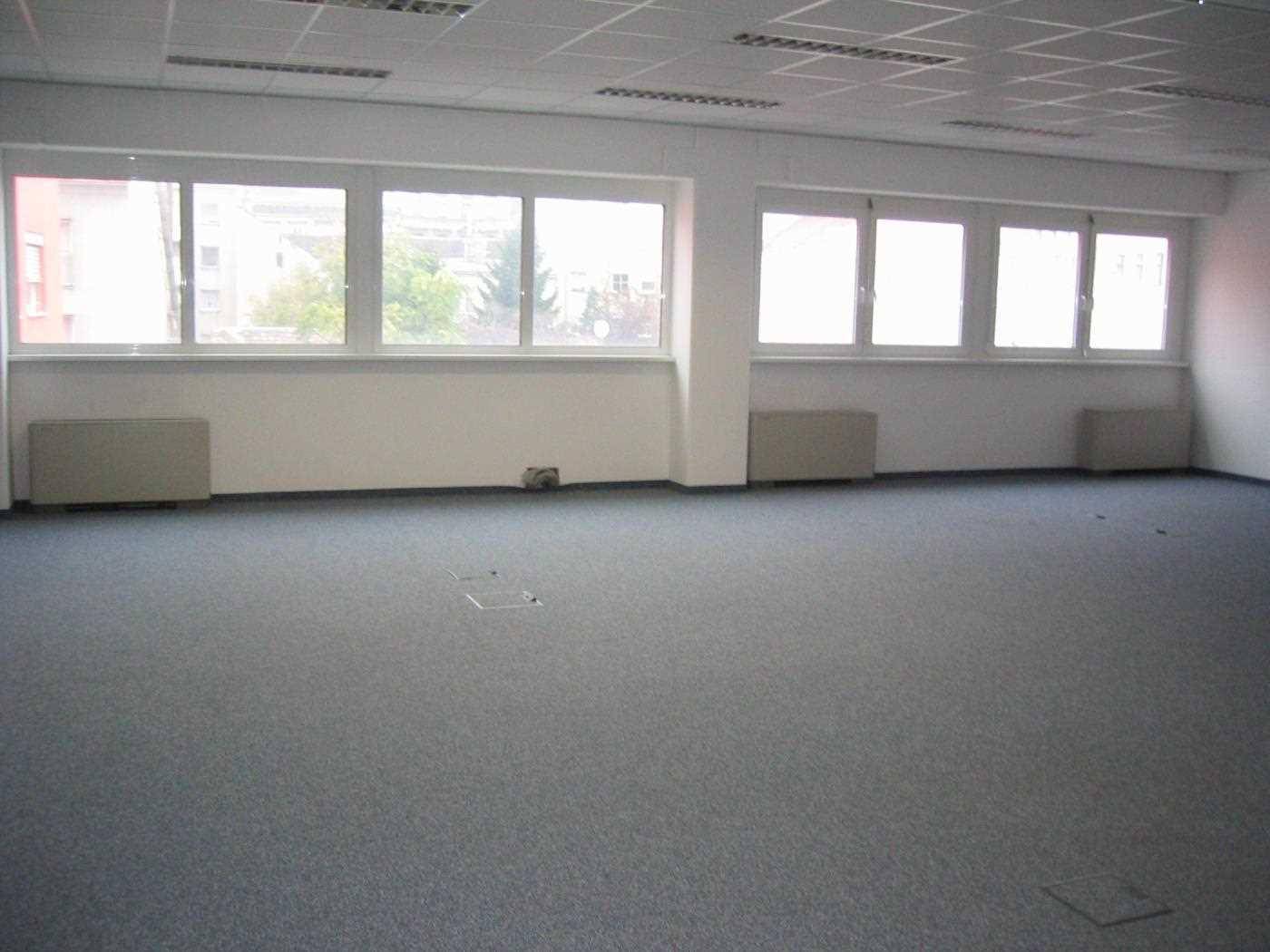 Helles, leeres Büro mit grauem Teppichboden und einer langen Fensterfront, die viel natürliches Licht hereinlässt.