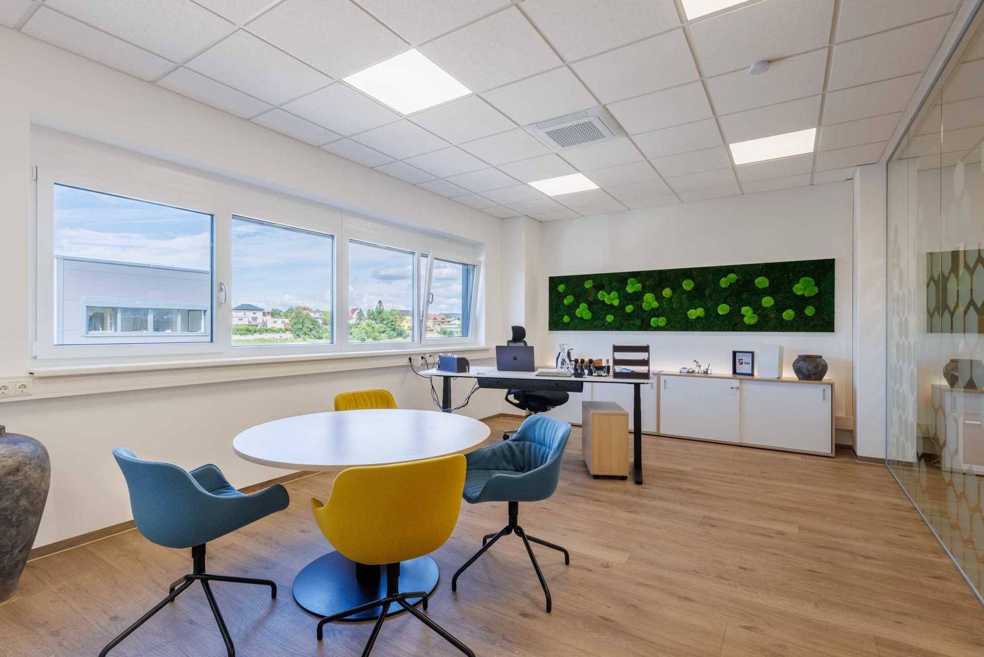 Modernes Büro mit Holzboden, farbigen Stühlen, einem Besprechungstisch und einem grünen Moosbild an der Wand.