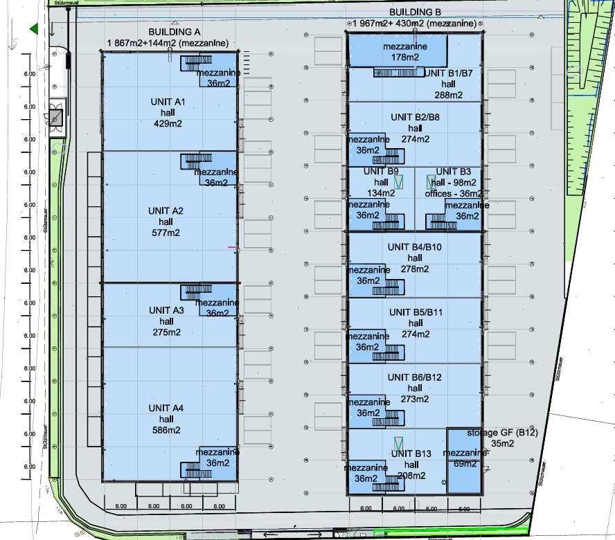 Übersichtsplan zweier Gebäude mit mehreren Gewerbeeinheiten, Hallen, Büros und Lagerflächen, inklusive Mezzanine-Ebenen.