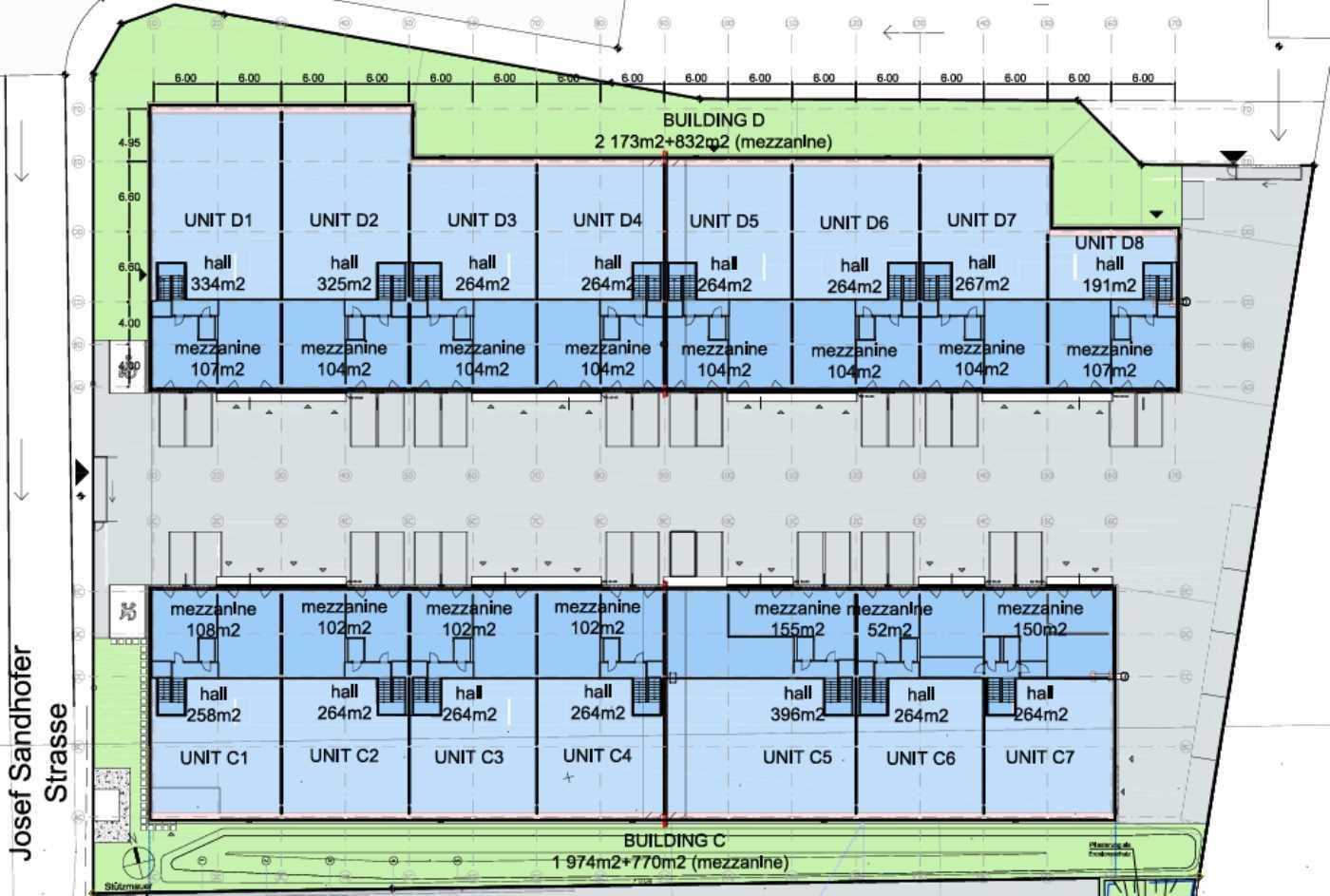 Detaillierter Grundrissplan eines modernen Gewerbekomplexes mit mehreren Einheiten und Mezzanine-Ebenen.