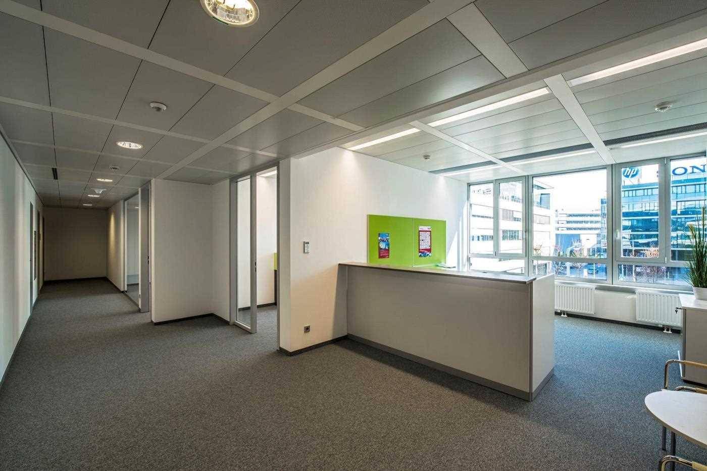 Heller Empfangsbereich in einem modernen Büro mit Teppichboden, großen Fenstern und einer Rezeptionstheke.