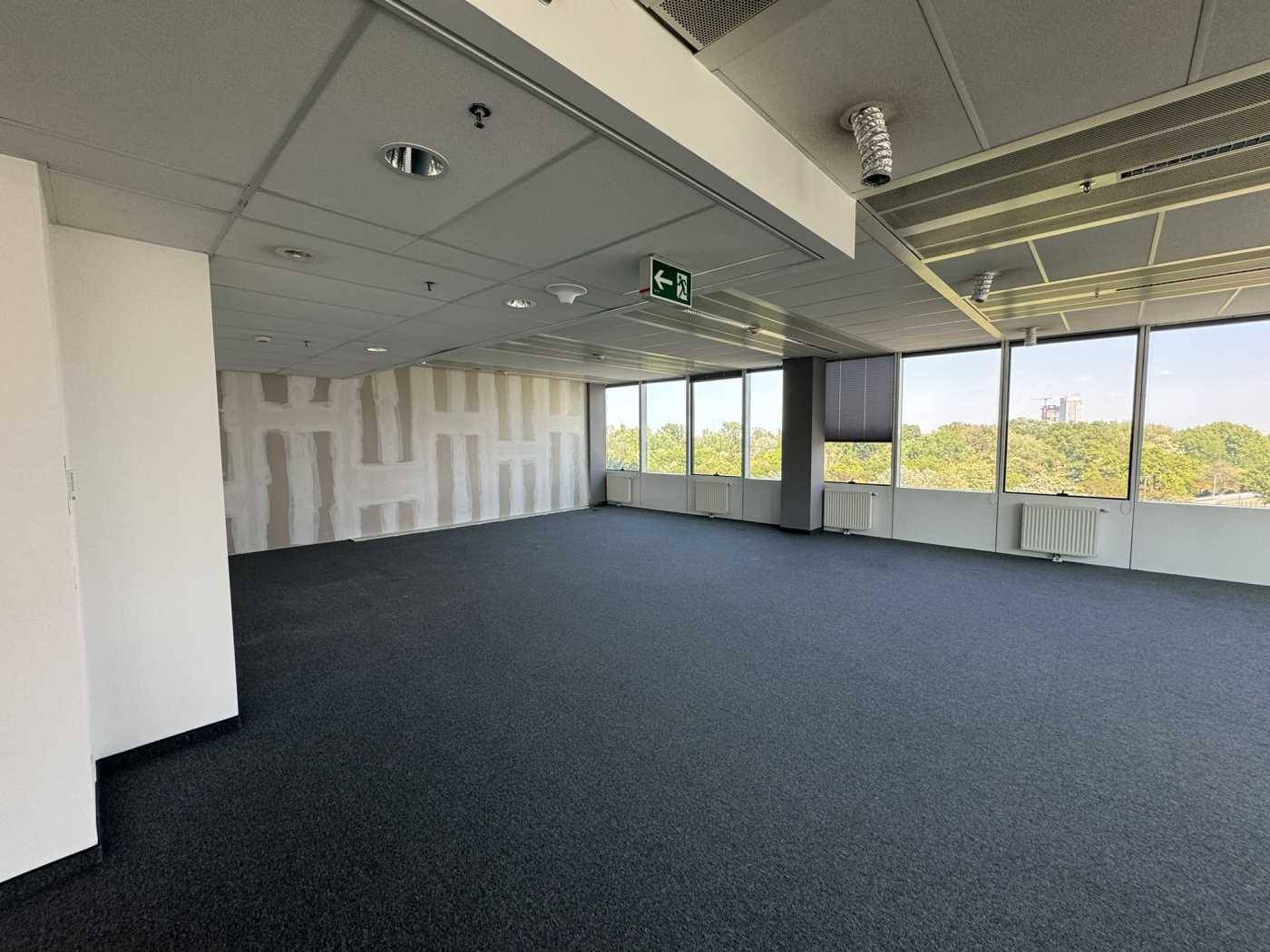 Leerer Büroraum mit Teppichboden, großen Fenstern und Blick ins Grüne, eine Wand ist noch im Rohbau.