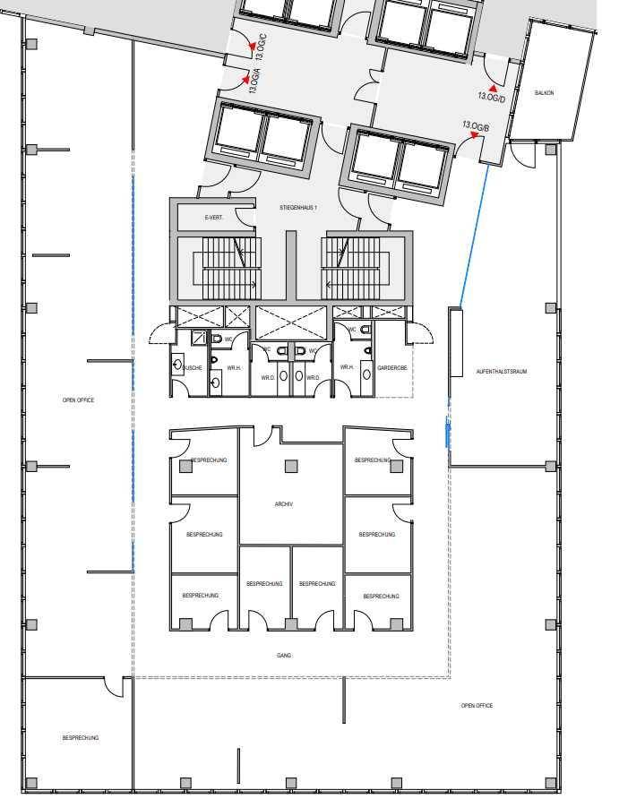 Detaillierter Grundrissplan einer Büroetage mit Büros, Besprechungsräumen, Archiv und Balkon.