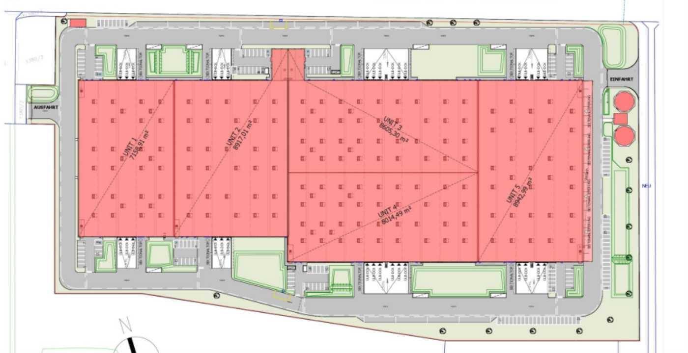 Übersichtsplan des Logistikzentrums mit Gebäudegrundrissen, Parkflächen und Zufahrtswegen.