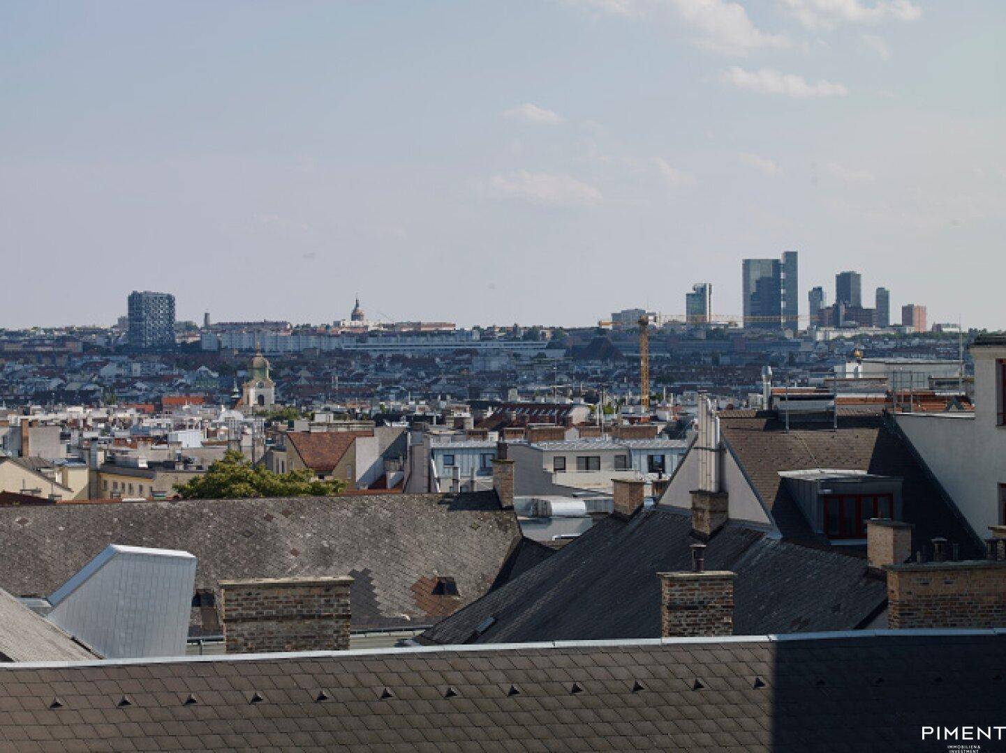 Weitläufiger Stadtblick über Dächer und Skyline mit modernen Hochhäusern am Horizont.