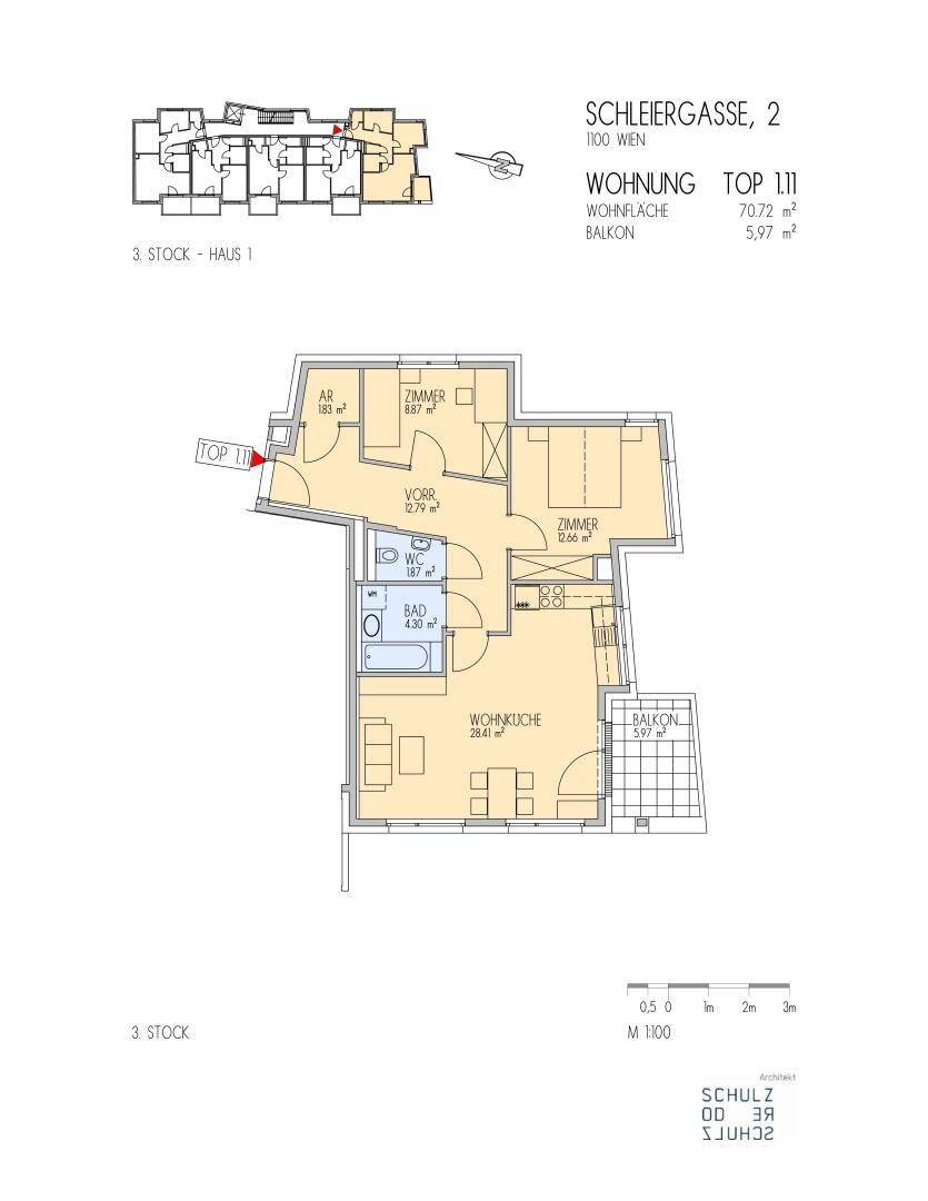 Detaillierter Grundriss der Wohnung mit Wohnküche, zwei Zimmern und Balkon.