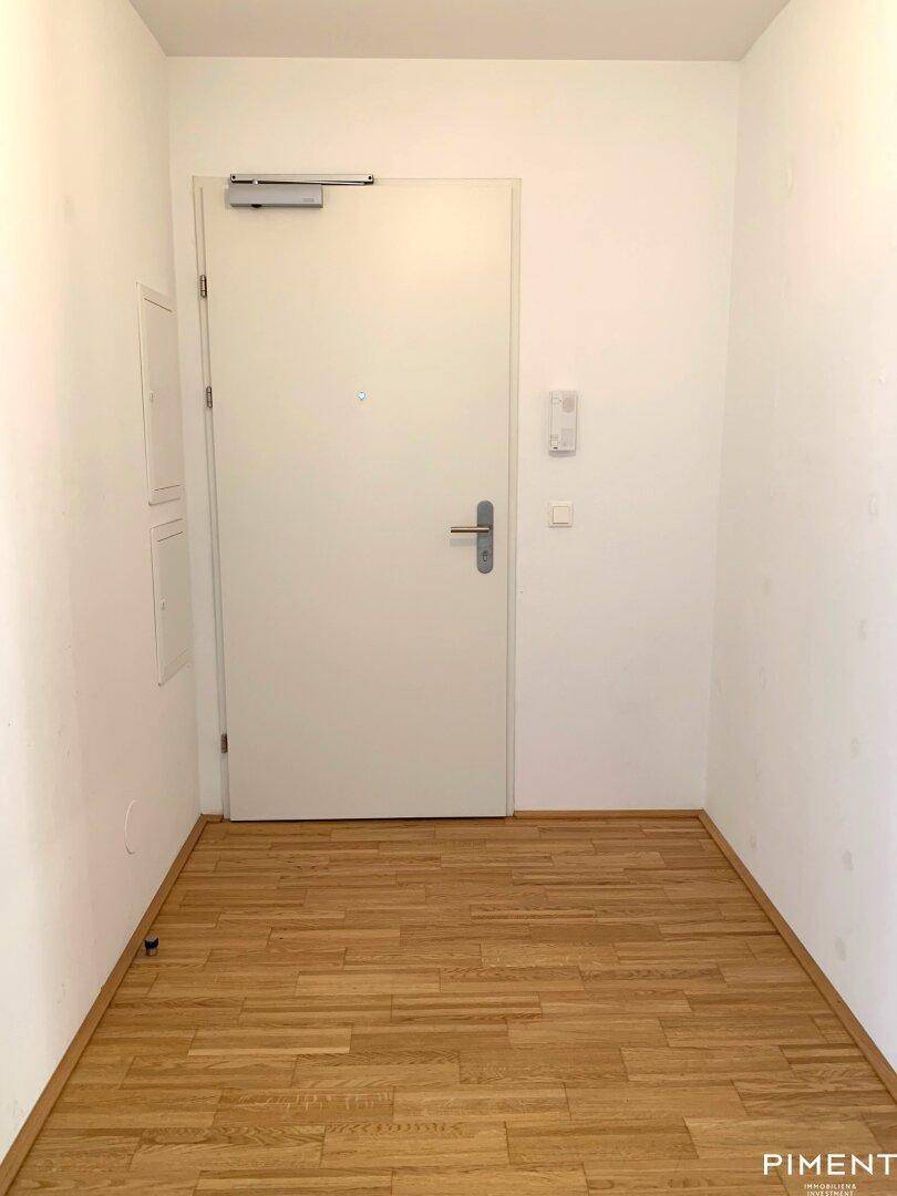 Heller Eingangsbereich mit Holzboden und einer weißen Wohnungstür, die in die Wohnung führt.