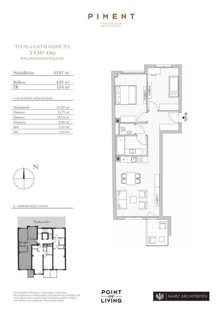 Grundriss einer 3-Zimmer-Wohnung im zweiten Obergeschoss mit Balkon und offenem Wohnbereich.
