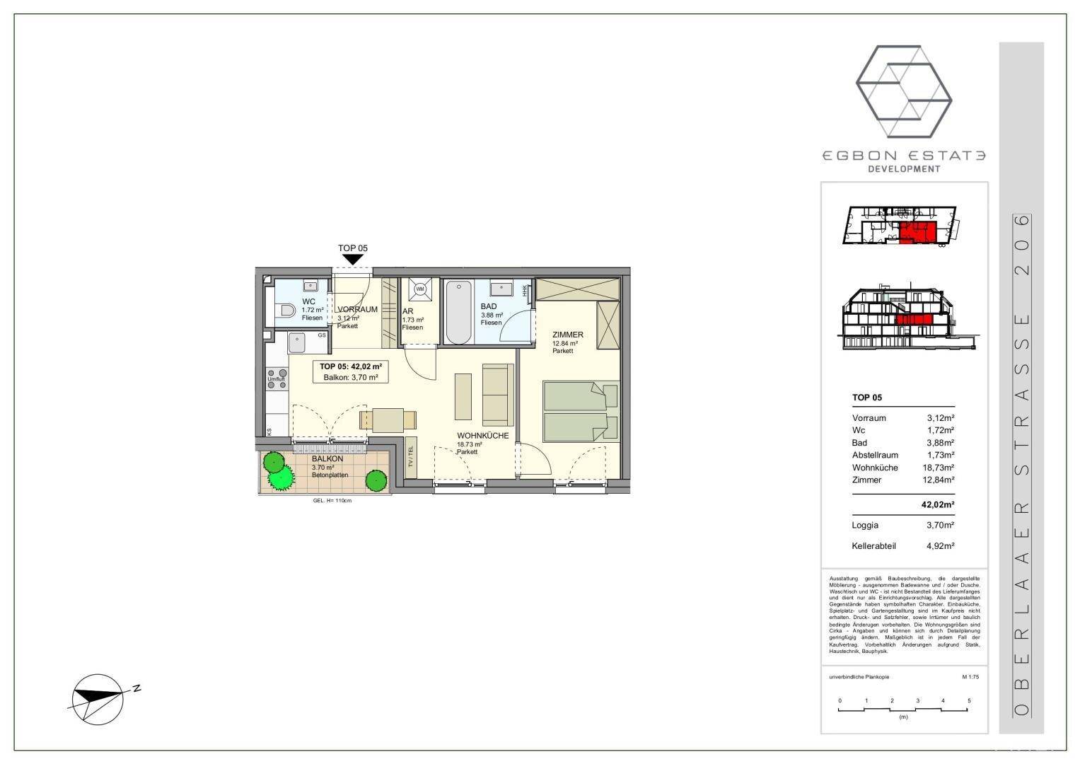 Grundriss der Wohnung TOP 05 mit Wohnküche, Schlafzimmer, Bad und Balkon.