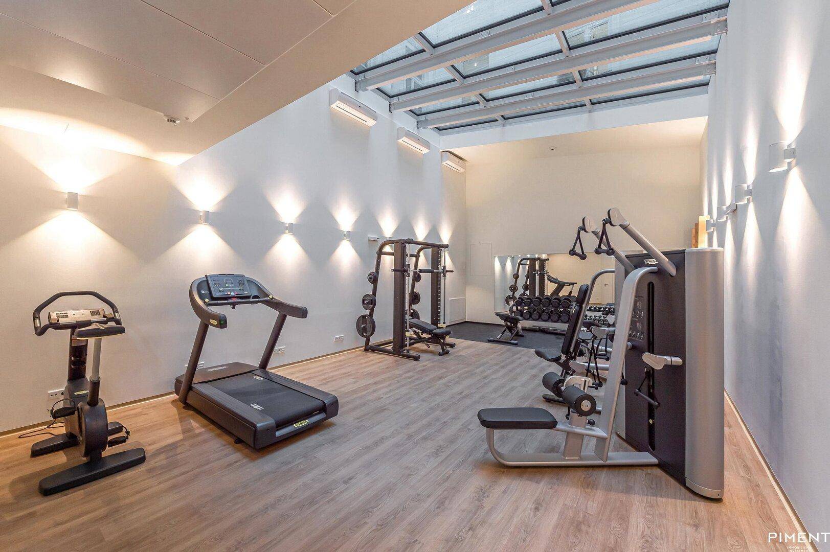 Gut ausgestatteter Fitnessraum mit modernen Trainingsgeräten und natürlichem Licht durch ein Oberlicht.