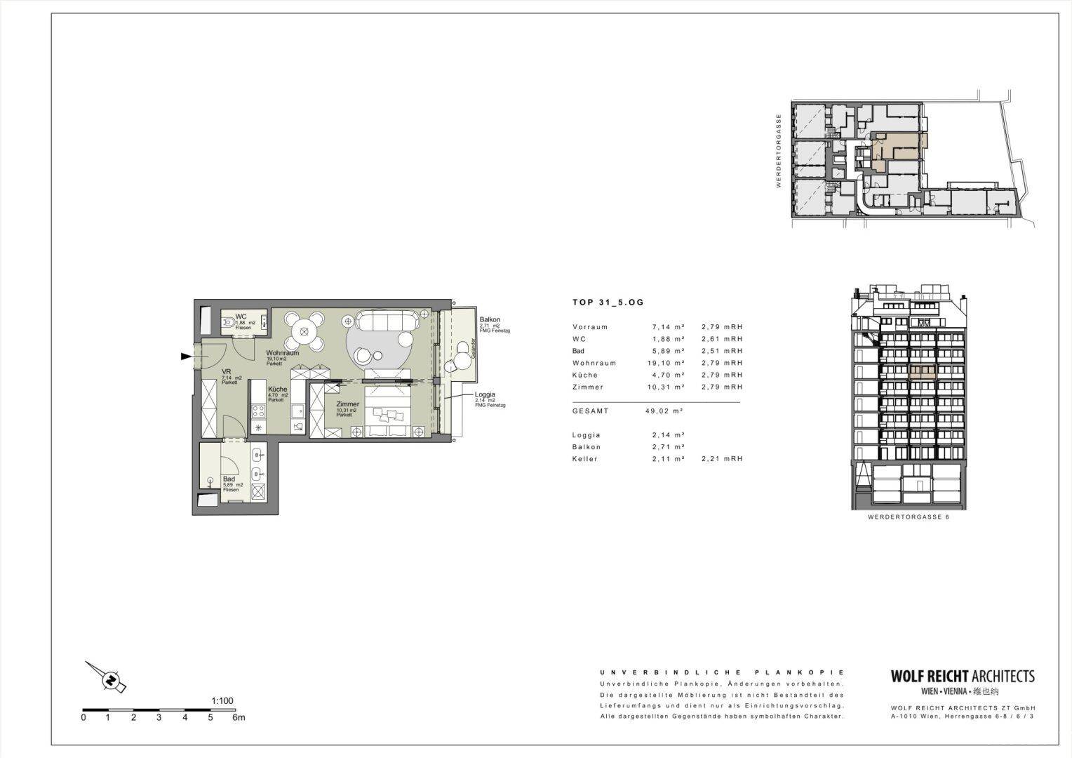 Detaillierter Grundriss einer Wohnung mit Loggia und Balkon, inklusive Flächenangaben.