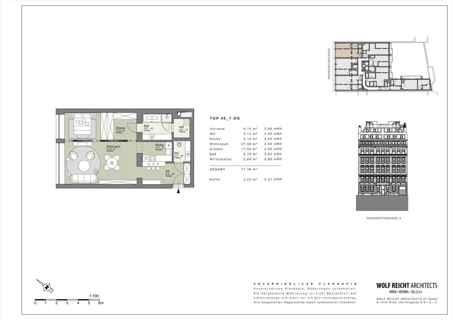 Grundriss der Wohnung Top 48 im 7. Obergeschoss mit Schlafzimmer und offenem Wohnbereich.