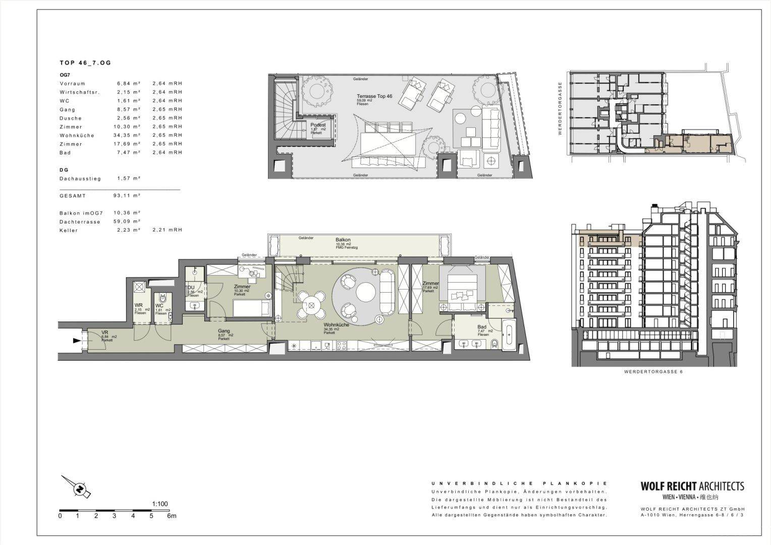 Detaillierter Grundriss einer Wohnung mit Dachterrasse und offenem Wohnbereich.