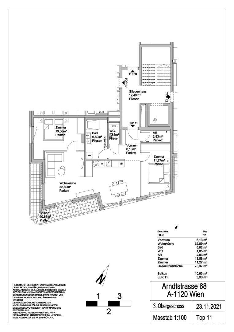 Grundriss einer Wohnung im 3. Obergeschoss mit Balkon und detaillierter Raumaufteilung.