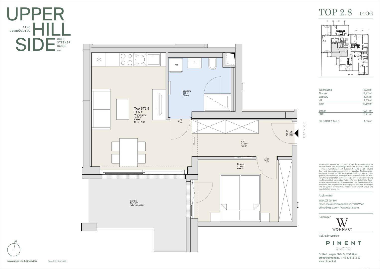 Grundriss einer modernen Wohnung mit offenem Wohnbereich, zwei Bädern und Balkon.