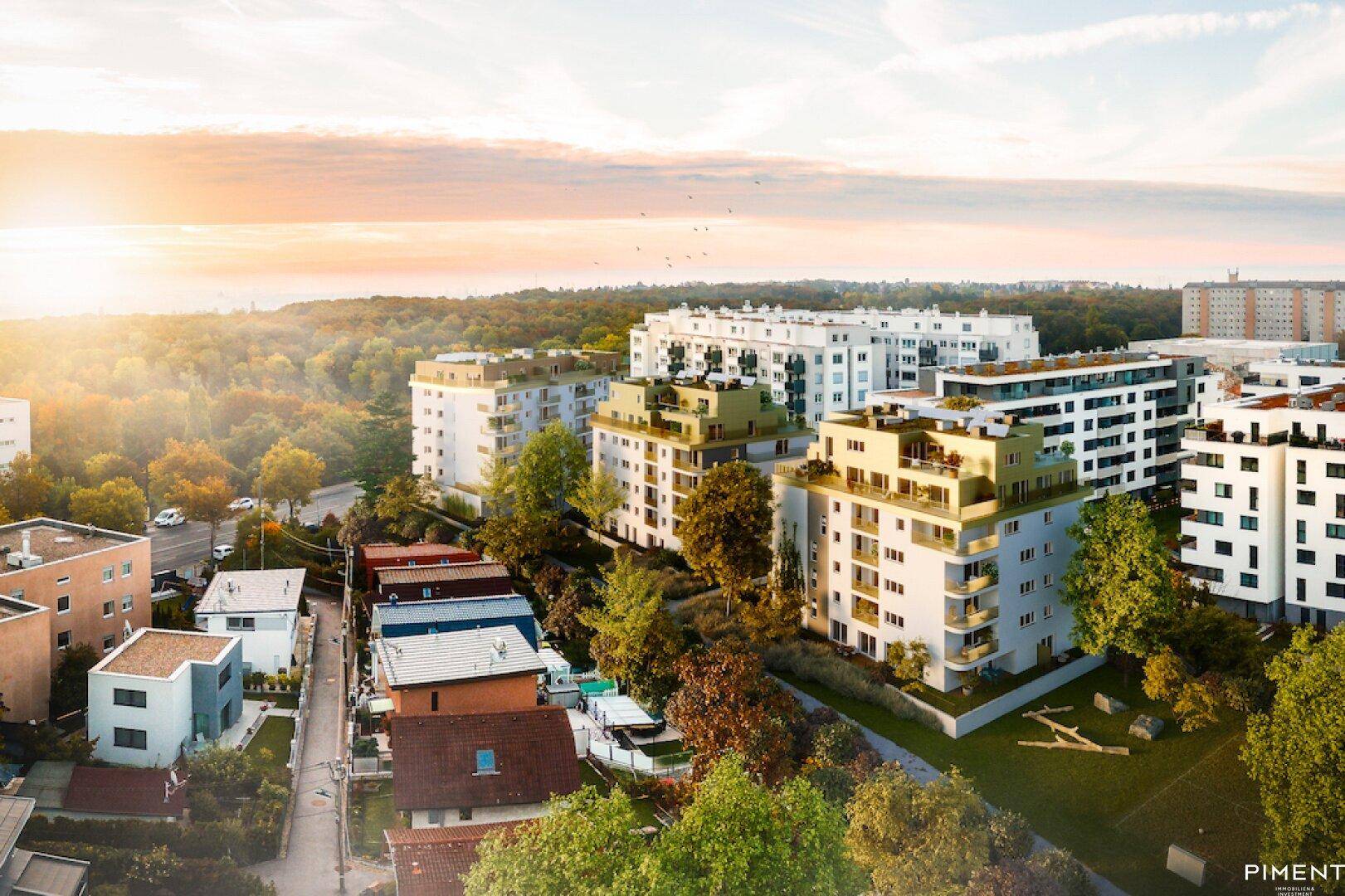 Luftaufnahme einer modernen Wohnanlage in grüner Umgebung mit Blick auf die Stadt.