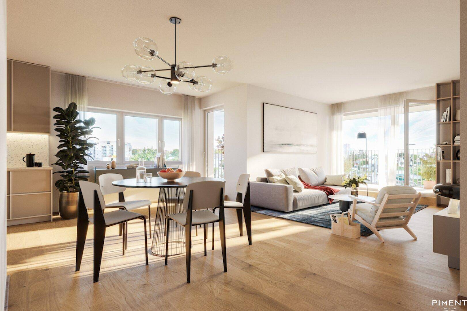 Heller, offener Wohn- und Essbereich mit Holzboden, großen Fenstern und moderner Einrichtung.