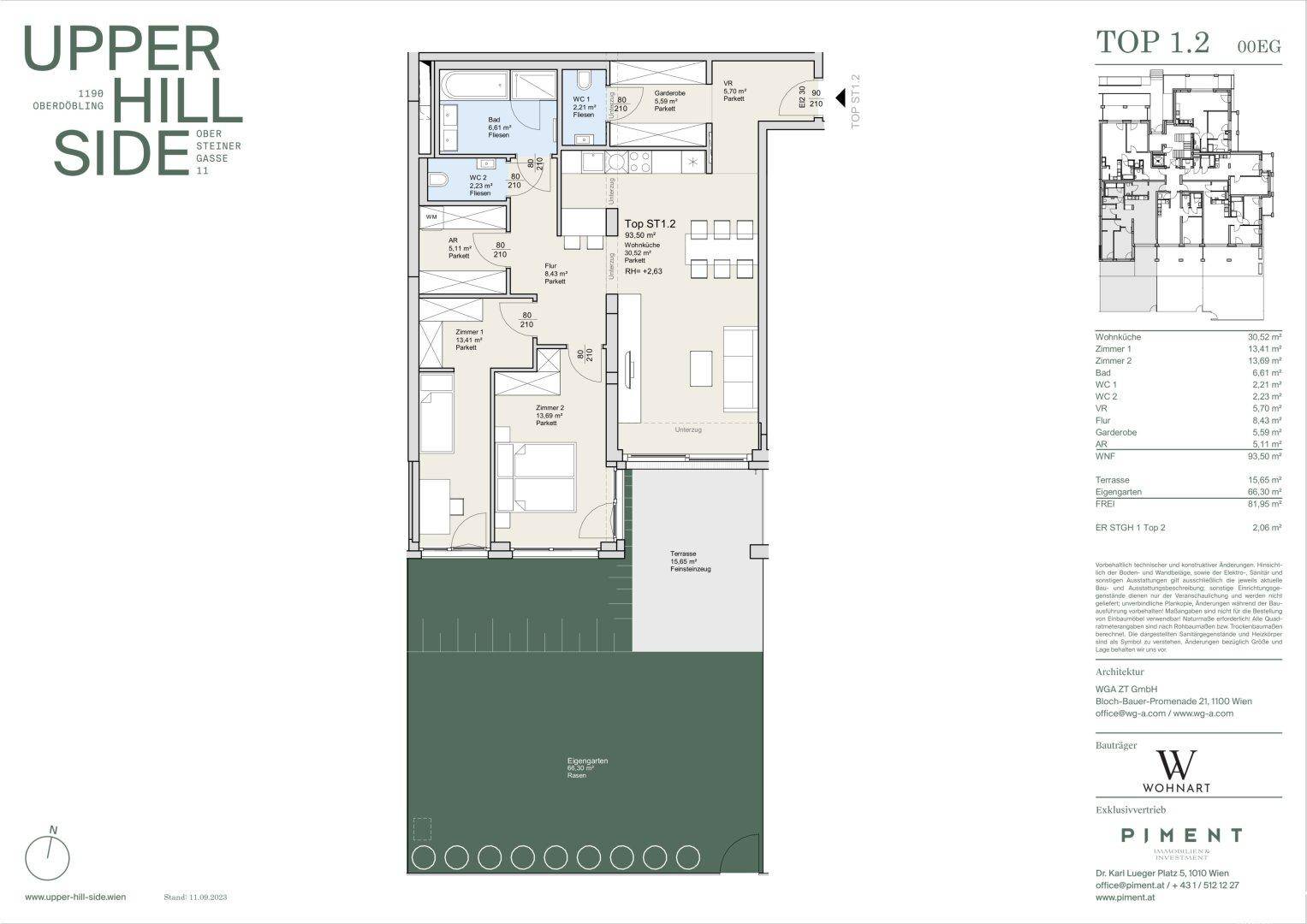 Detaillierter Grundriss der Wohnung TOP 1.2 mit Terrasse und Gartenanteil.