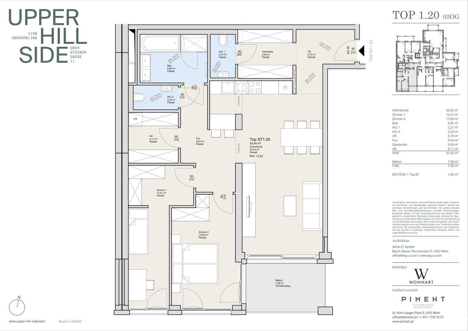 Grundrissplan einer Wohnung mit offenem Wohnbereich, drei Zimmern, zwei Bädern und einem Balkon.