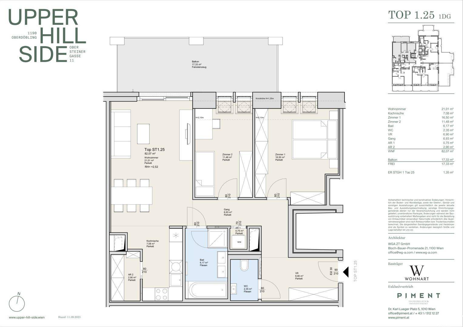 Grundriss einer Wohnung mit offenem Wohnbereich, zwei Schlafzimmern, zwei Bädern und einem großen Balkon.