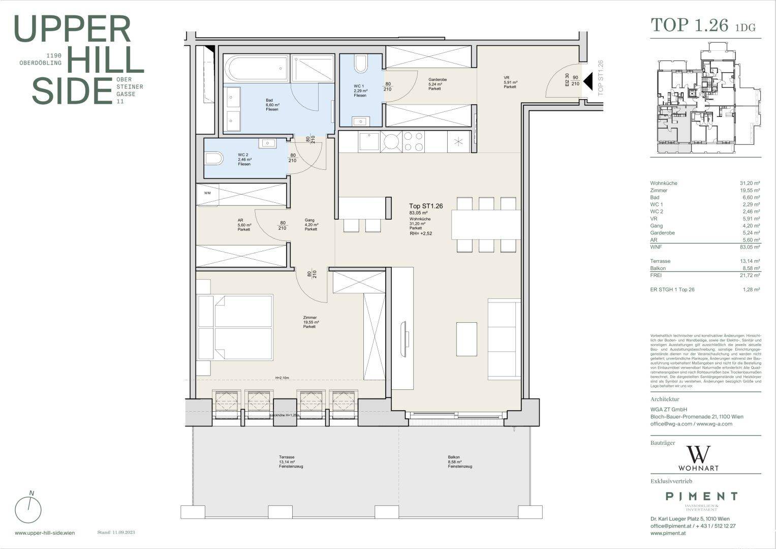 Detaillierter Grundriss einer Dachgeschosswohnung mit Terrasse und Balkon.