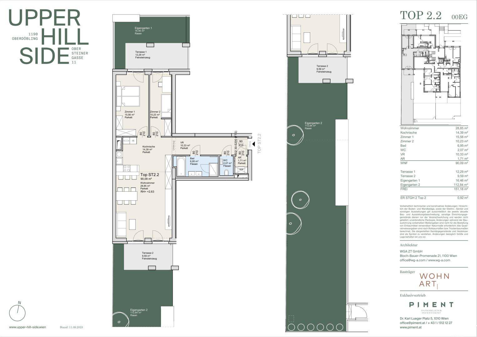 Detaillierter Grundriss einer Erdgeschosswohnung mit Terrasse und Gartenanteil.