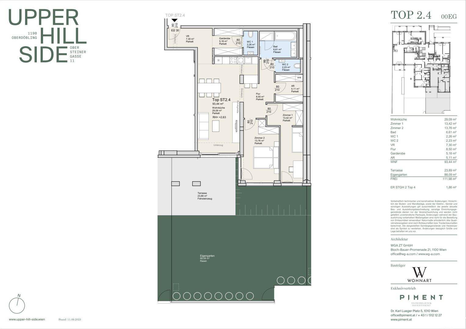 Grundriss einer Wohnung mit drei Schlafzimmern, offenem Wohnbereich und Garten.