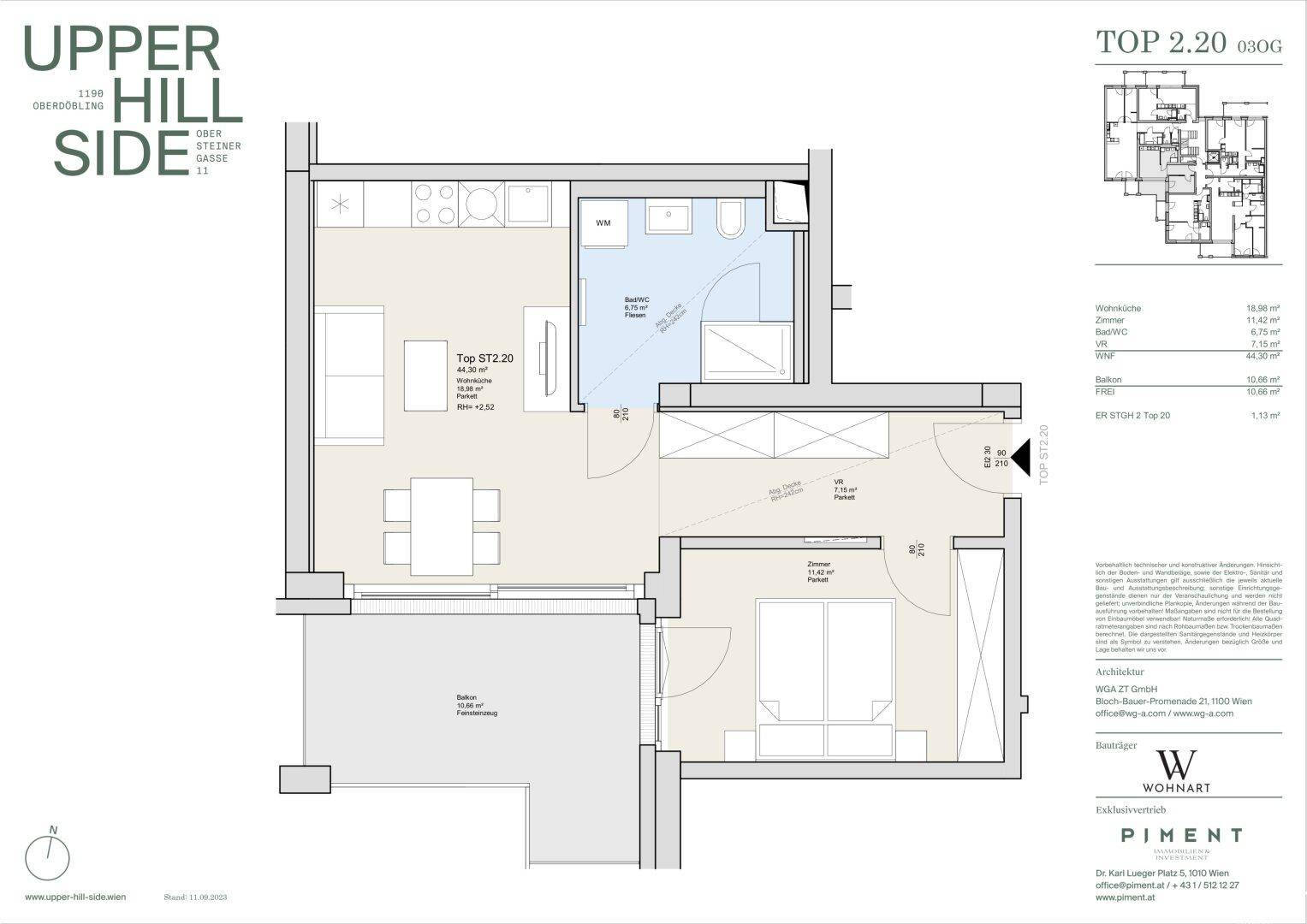 Grundriss einer modernen Wohnung mit offenem Wohnbereich, Balkon und separatem Gäste-WC.