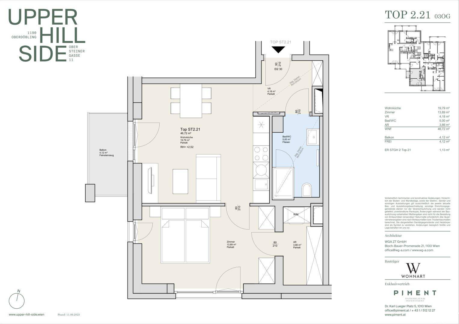 Grundriss einer Wohnung mit einem Schlafzimmer, offenem Wohnbereich und Balkon.