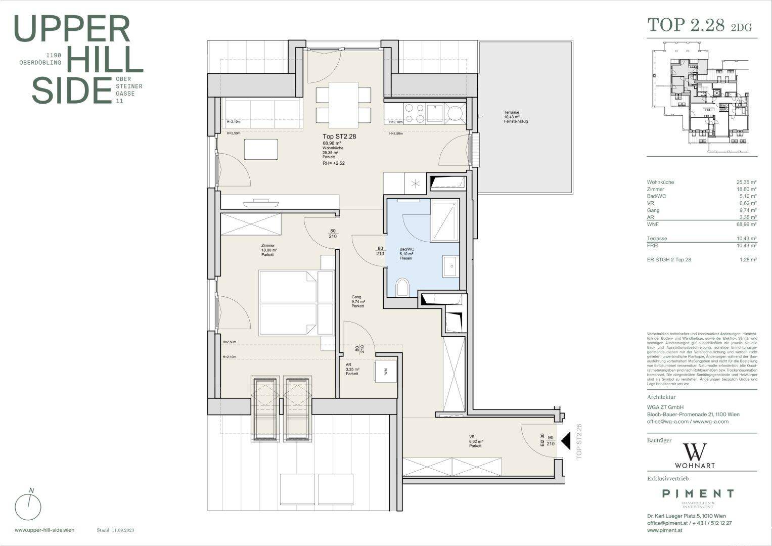 Grundriss der Wohnung Top 2.28 mit offenem Wohnbereich, großer Terrasse und kleinem Balkon.