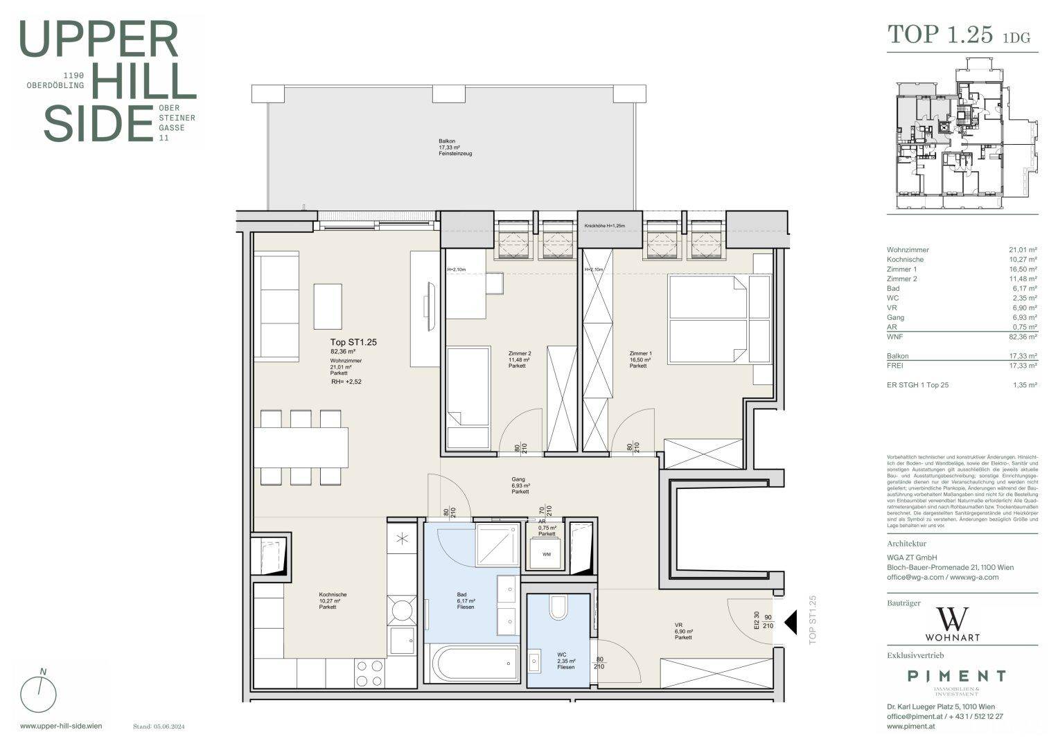 Grundriss einer modernen Wohnung mit offenem Wohn-Essbereich, zwei Schlafzimmern, separater Küche und großem Balkon.