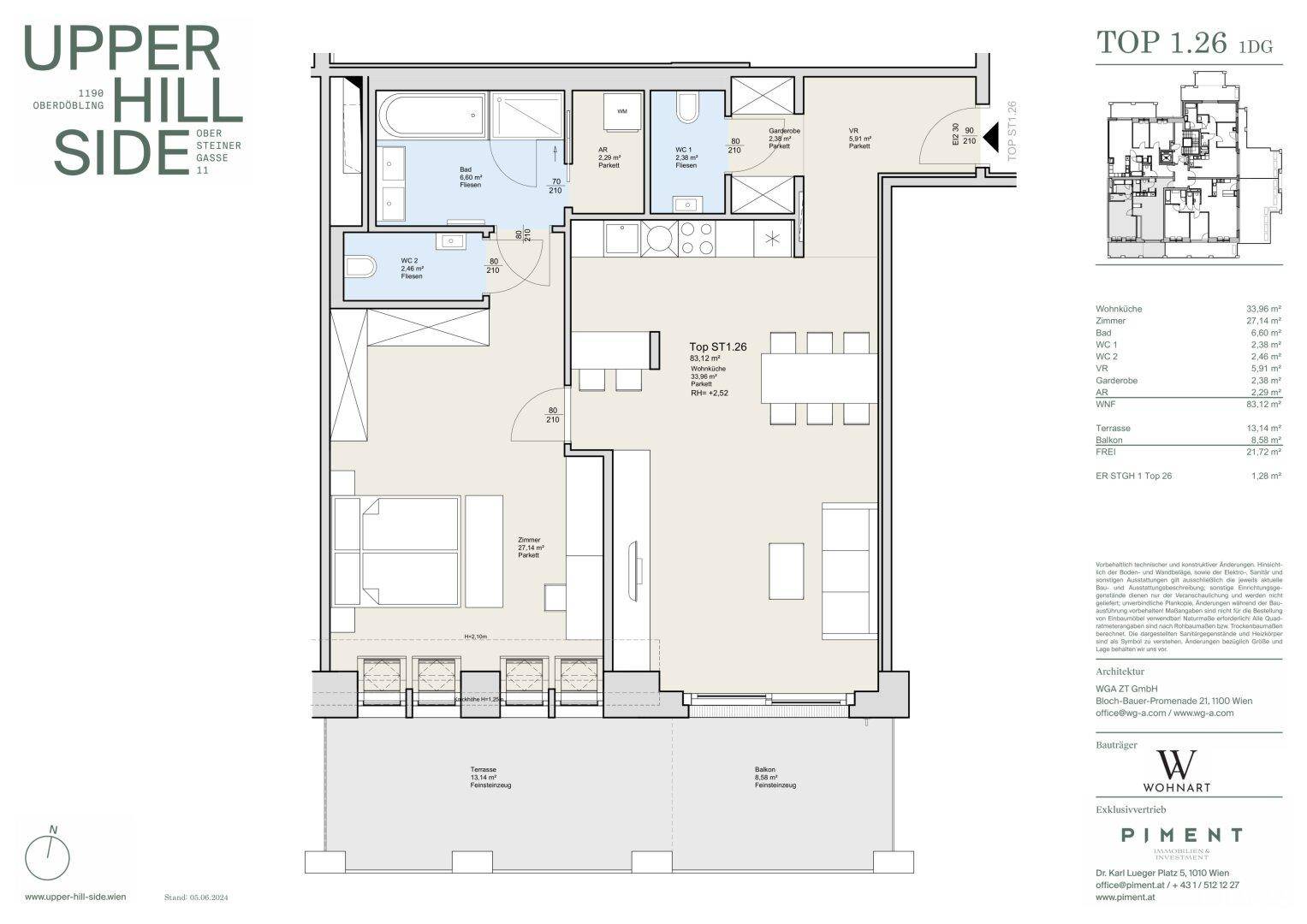 Detaillierter Grundriss einer Wohnung mit offenem Wohnbereich, zwei Schlafzimmern, zwei Bädern, Terrasse und Balkon.
