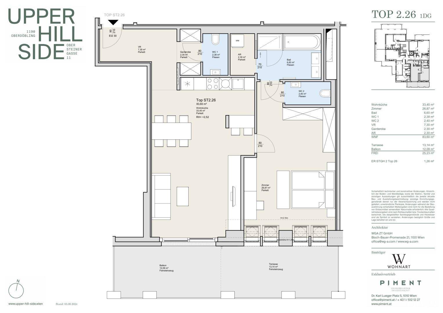 Grundriss einer Wohnung mit offenem Wohnbereich, zwei Schlafzimmern, zwei Bädern, Balkon und Terrasse.