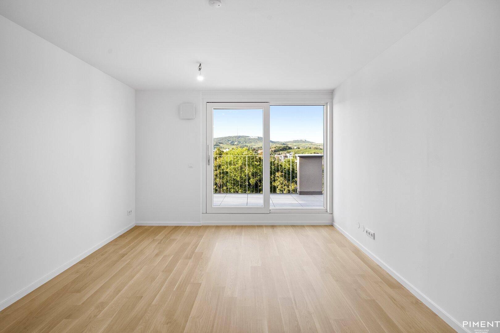 Lichtdurchfluteter Raum mit Holzboden, großen Schiebetüren und Zugang zu einer Terrasse.