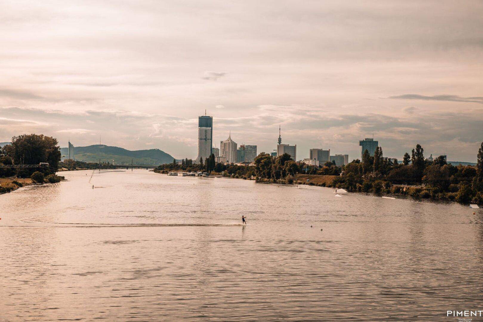 Panoramablick auf die Wiener Skyline entlang der Donau mit einem Wakeboarder im Wasser.