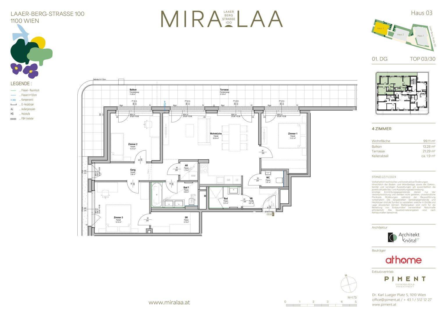 Detaillierter Grundriss einer modernen 4-Zimmer-Wohnung mit offenem Wohnbereich, zwei Bädern, Balkon und großer Terrasse.