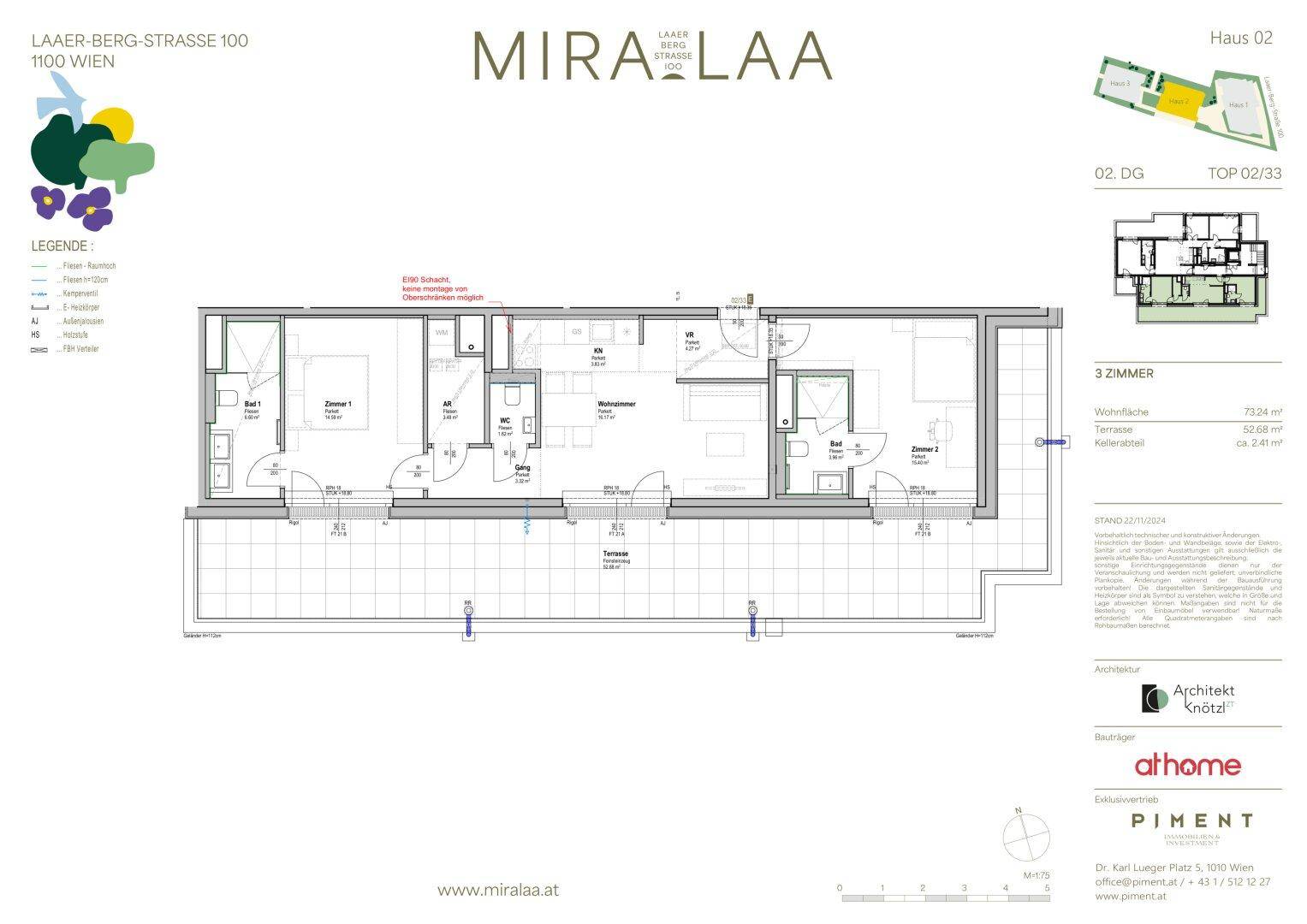Detaillierter Grundriss einer 3-Zimmer-Wohnung mit offener Wohnküche, zwei Bädern und großer Terrasse.