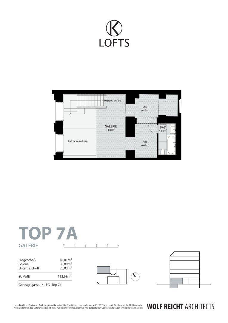 Der Grundriss der Galerieebene präsentiert ein weiteres Badezimmer, einen Abstellraum und einen Vorraum.