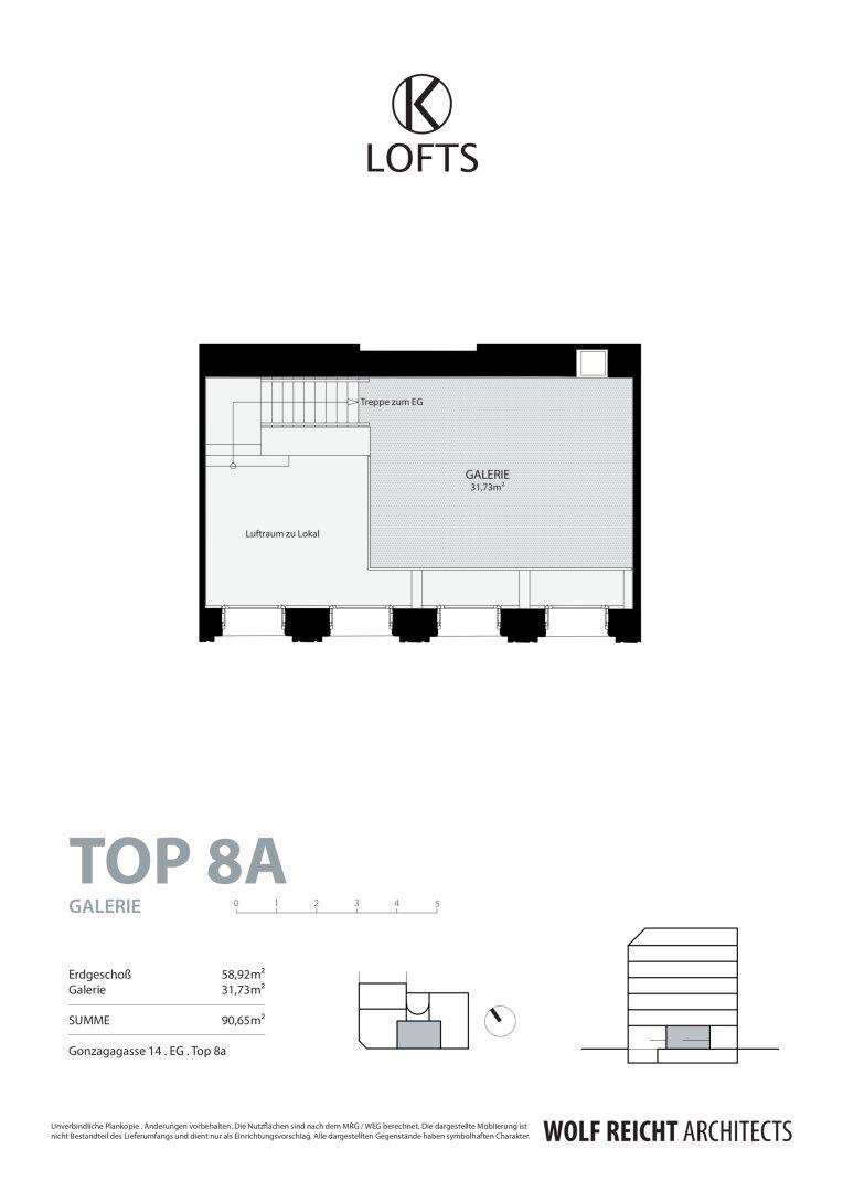 Grundriss der Galerieebene einer Loft-Einheit mit Treppe und offenem Luftraum zum Erdgeschoss.