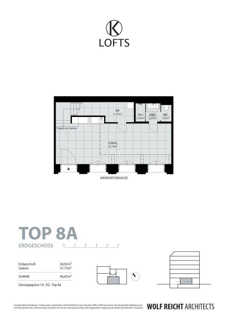 Grundriss des Erdgeschosses einer Loft-Einheit mit Lokal, Abstellraum, Dusche und WC.