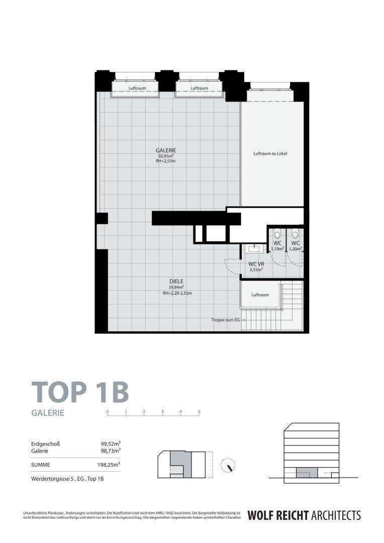 Grundriss der Galerie-Ebene mit Diele, offenem Galeriebereich und zwei separaten Toiletten.