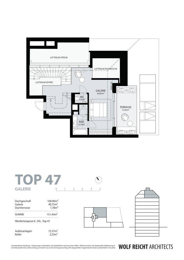 Grundriss der Galerie-Ebene mit Bad, WC und direktem Zugang zur Terrasse.