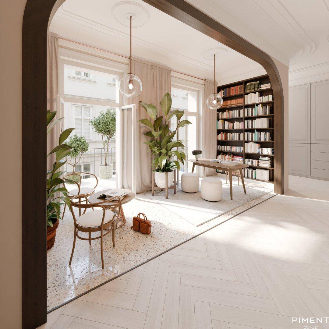 Helles Arbeitszimmer mit Bücherregalen, Parkettboden und Zugang zu einem französischen Balkon.