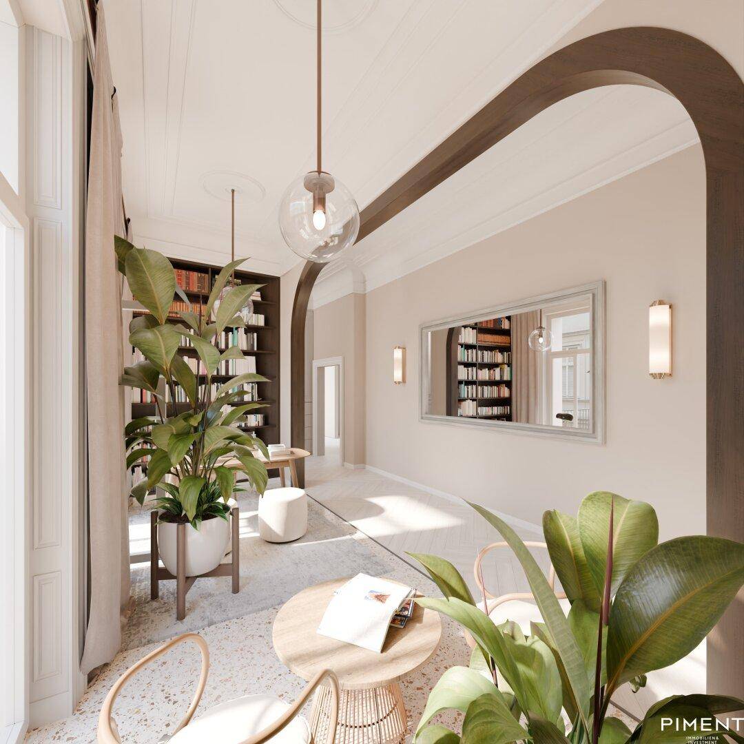 Stilvoller Arbeitsbereich mit großen Pflanzen, Bücherregalen und eleganten Möbeln.