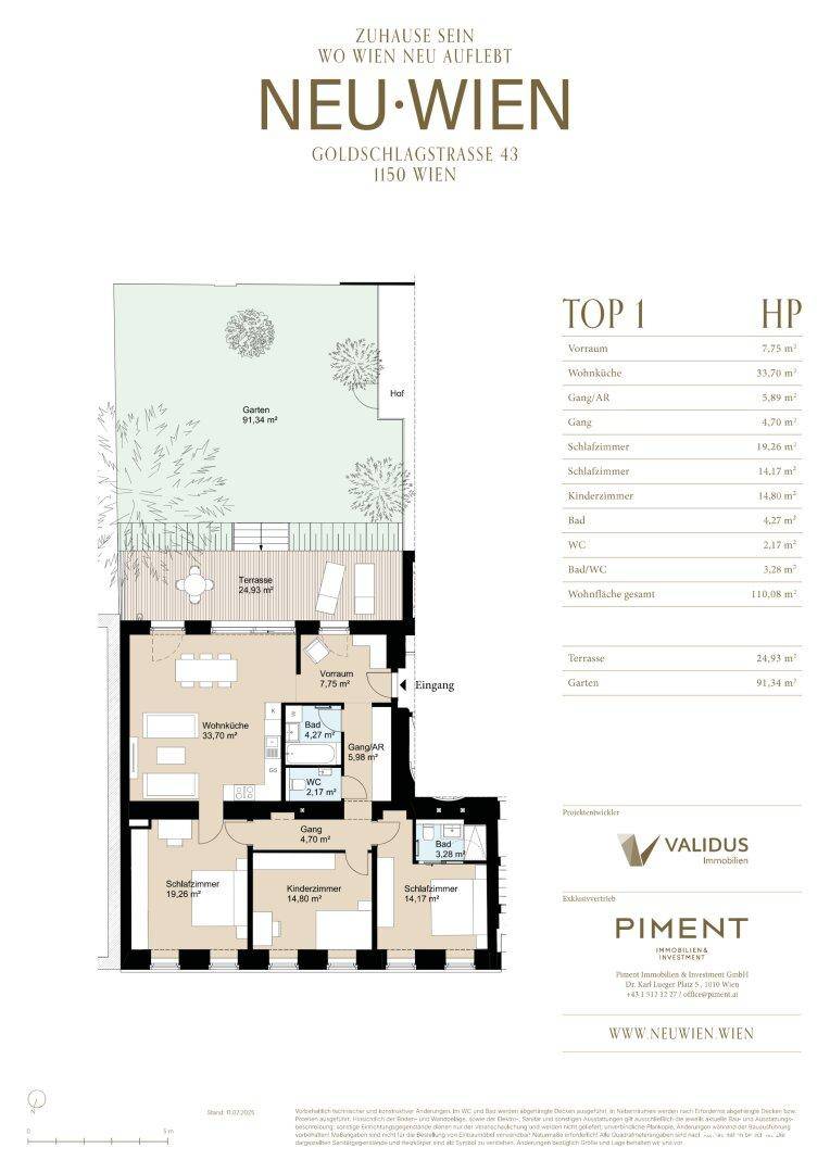 Grundriss einer Wohnung mit offenem Wohn- und Küchenbereich, drei Schlafzimmern, zwei Bädern, Terrasse und Garten.