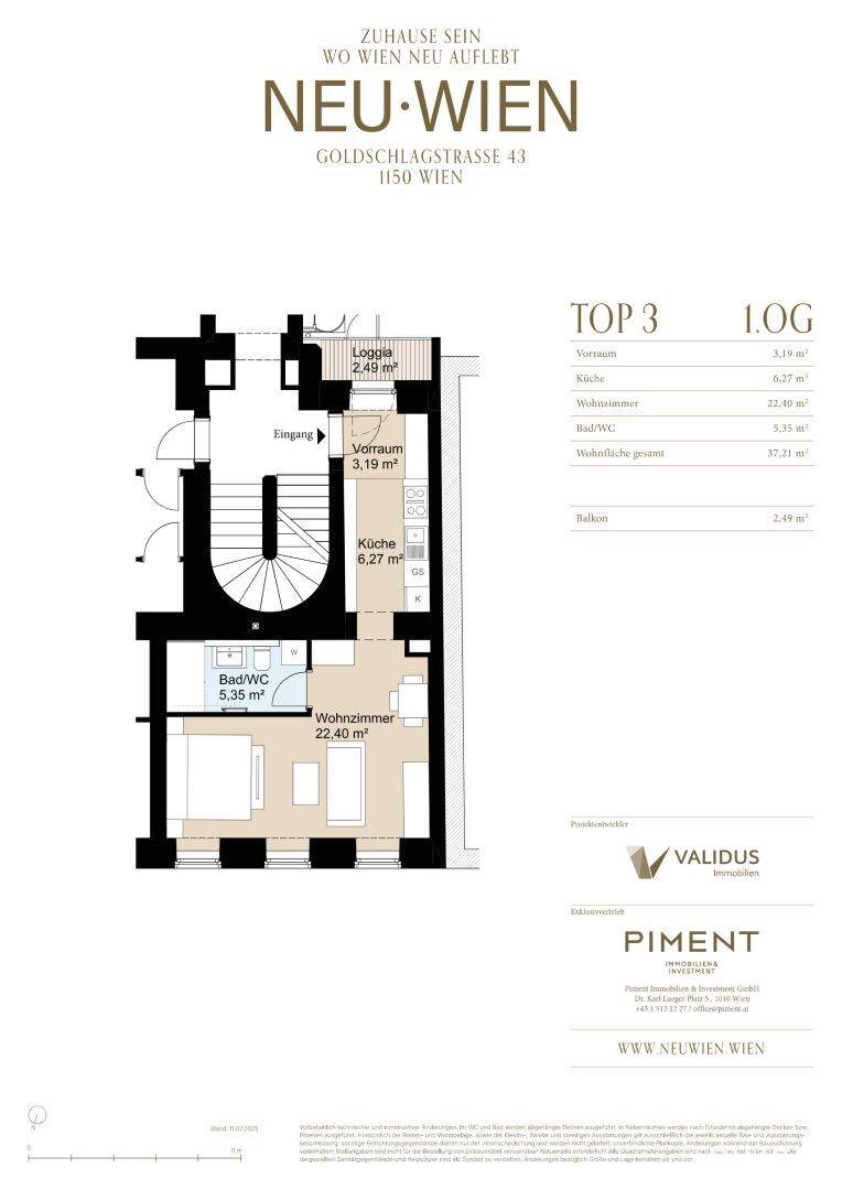 Grundriss einer Wohnung im ersten Obergeschoss mit Wohnzimmer, Küche, Bad/WC und einer Loggia.