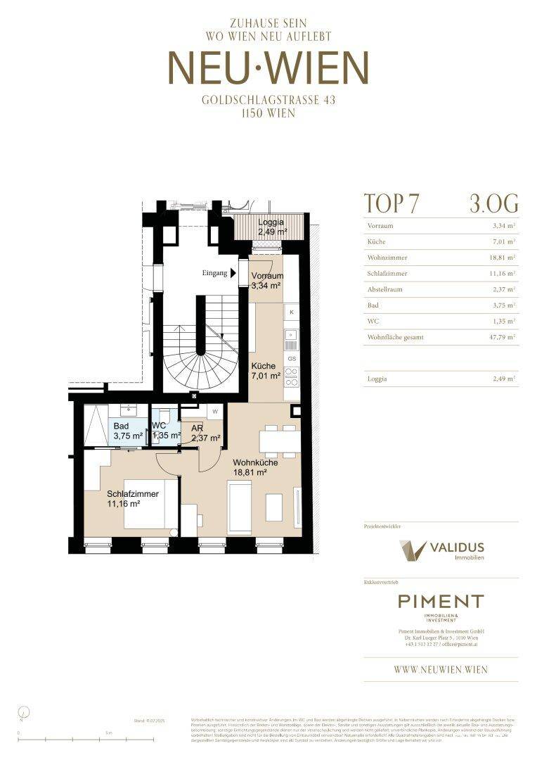 Grundriss der Wohnung Top 7 im 3. Obergeschoss mit Loggia, Schlafzimmer und separater Küche.
